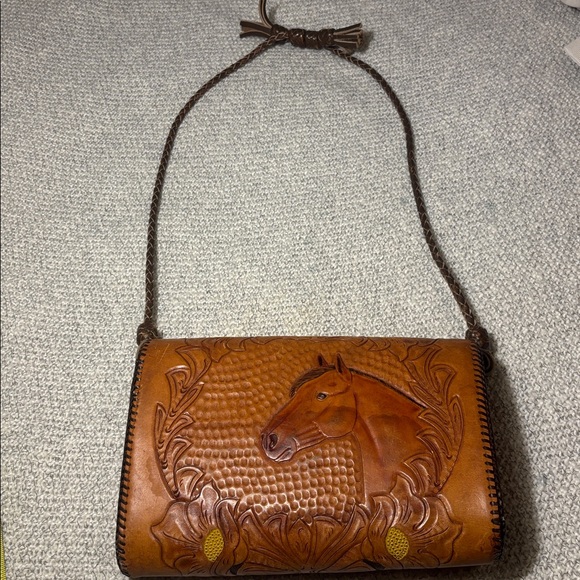 Tooled Leather Purse Shoulder Bag Horse Floral Adjustable Strap - Picture 11 of 13